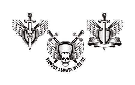 set vector vintage emblem of a human skull and a sword, heraldry and symbolsのイラスト素材