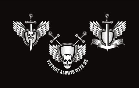 set vector vintage emblem of a human skull and a sword, heraldry and symbolsのイラスト素材