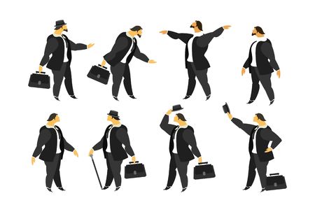 stylized characters a man in a business suit with a briefcase on a white background in various posesのイラスト素材