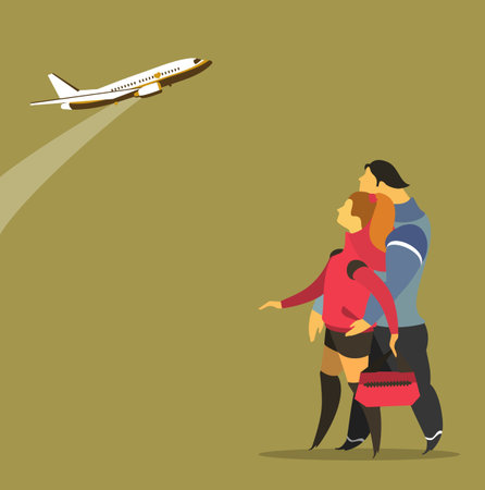 stylized characters, young people looking at a plane taking offのイラスト素材