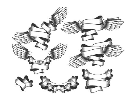 vector set of decorative elements of different shape ribbon with wings in black and white on a white backgroundのイラスト素材