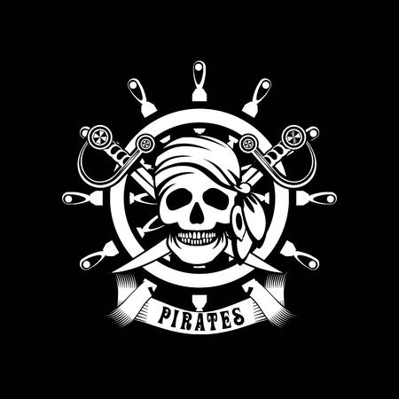 Illustration poster with a human skull on a background of sea helm emblem Black and white in colorのイラスト素材