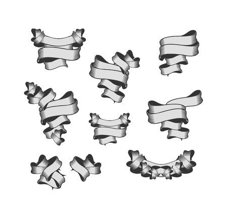 Vector set of decorative ribbons of various shapes and complexity on a white backgroundのイラスト素材