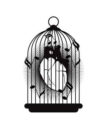 vector illustration of the human heart is tied with barbed wire in the cageのイラスト素材