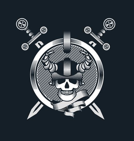vector illustration in the style of steampunk human skull in a helmet with swordsのイラスト素材