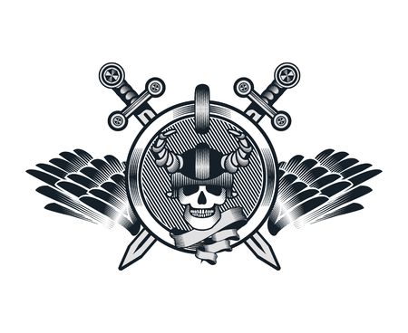 vector illustration in the style of steampunk human skull in a helmet with swordsのイラスト素材