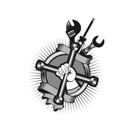 vector logo on a white background hand holding a mechanical tools in round shapeのイラスト素材