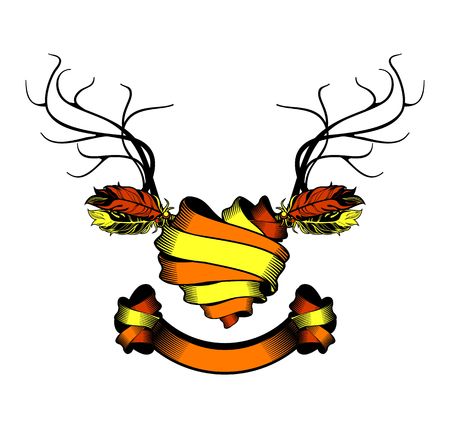 vector illustration heart rolled ribbons decorated with antlers and feathersのイラスト素材