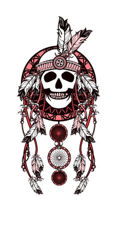 Vector illustration ethnic style. Dreamcatcher and shaman skull decorated with feathers and beads arrows with ribbonsのイラスト素材