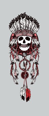 vector illustration Indian totem skull headdress with feathersのイラスト素材