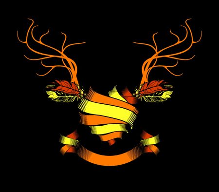 vector illustration heart rolled ribbons decorated with antlers and feathersのイラスト素材