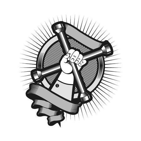 vector logo on a white background hand holding a mechanical tools in round shapeのイラスト素材