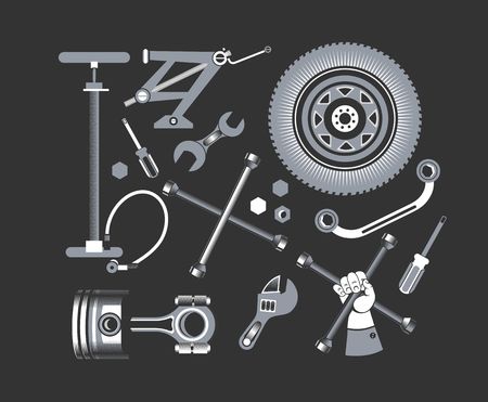 vector set of tools and spare parts of the car on a black backgroundのイラスト素材