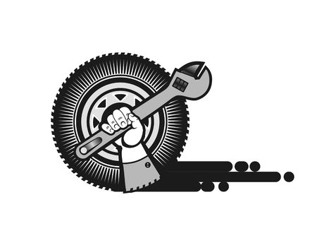 vector illustration for a repair shop, a human hand with a wrench on the background of the wheelのイラスト素材