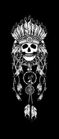 vector illustration Indian totem skull headdress with feathersのイラスト素材