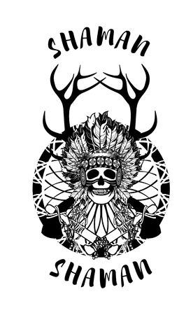vector illustration of an Indian shaman totem skull in a headdress of feathersのイラスト素材