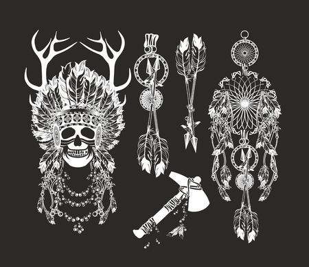 vector set of the epic Indian shaman skull boom a native religionのイラスト素材