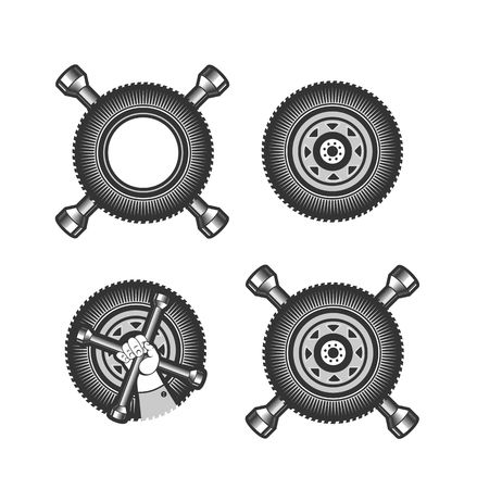 vector illustration set of various types of tires on a black backgroundのイラスト素材