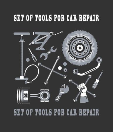 vector set of tools and spare parts of the car on a black backgroundのイラスト素材