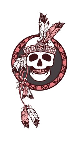 Vector illustration ethnic style. Dreamcatcher and shaman skull decorated with feathers and beads arrows with ribbonsのイラスト素材