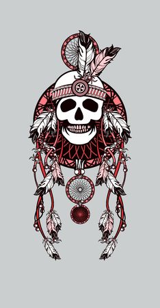 vector illustration Indian totem skull headdress with feathersのイラスト素材