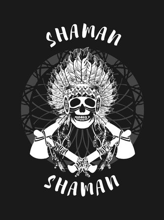 vector illustration of an Indian shaman totem skull in a headdress of feathersのイラスト素材