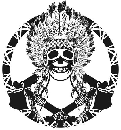 vector illustration of an Indian shaman totem skull in a headdress of feathersのイラスト素材