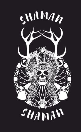 vector illustration of an Indian shaman totem skull in a headdress of feathersのイラスト素材