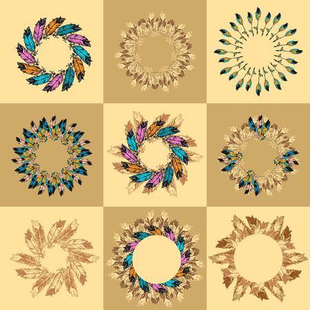 Nine vector frames made up of feathers of various colorsのイラスト素材