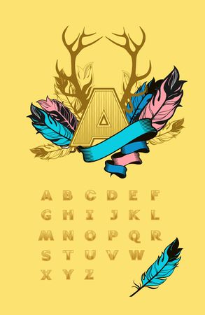 vector set of alphabet letters squared, capitalizing the first letter is decorated with feathers and ribbonのイラスト素材