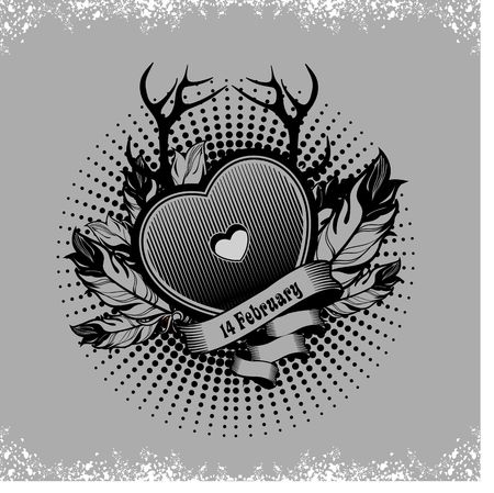 Heart Valentine's Day decorated with feathers and horns in the boho style, in black and whiteのイラスト素材