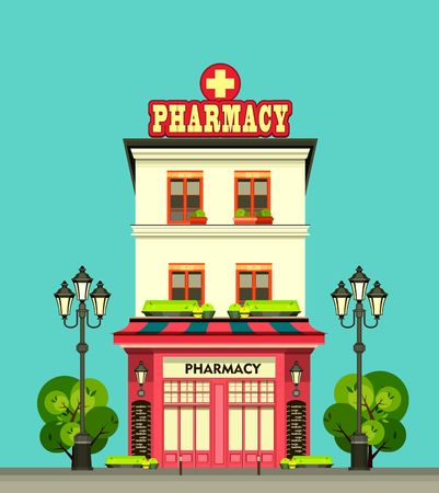 vector illustration city street pharmacy building in a flat styleのイラスト素材