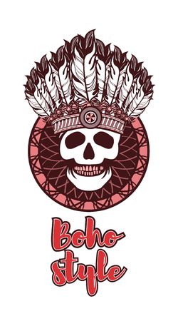 Vector illustration ethnic style. Dreamcatcher and shaman skull decorated with feathers and beads arrows with ribbonsのイラスト素材