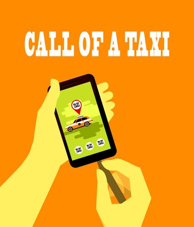 vector illustration of a human hand with a mobile phone and the Internet to call a taxiのイラスト素材