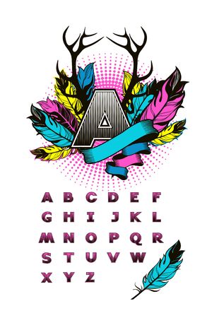 vector set of letters on a white background in the style of boho, zagalavnaya first letter is decorated with elements of style, banners and painted feathers remaining homemade sans-serifのイラスト素材