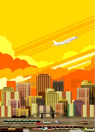 vector illustration fluorescent image of the city with high-rise buildings and moving vehicles, industrial part of the cityのイラスト素材