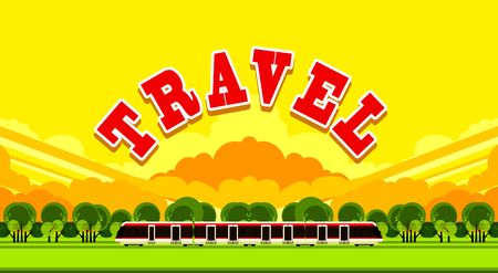 vector illustration of a passenger train outdoors in the sky among the clouds in big letters written travelのイラスト素材