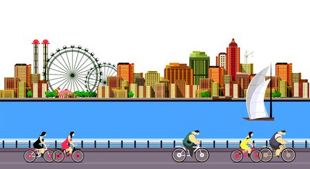 vector illustration promenade ride a bike people on the water sailing a sailboat in the distance a great cityのイラスト素材