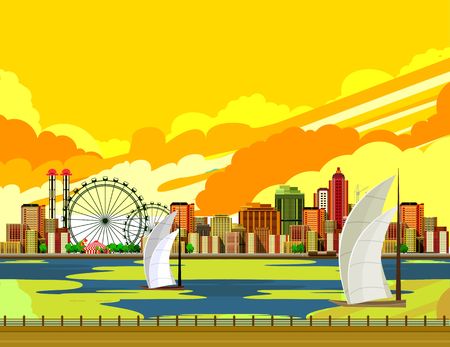 vector illustration promenade on the water sailing a sailboat in the distance a great cityのイラスト素材