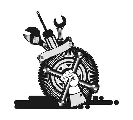 vector illustration for a repair shop, a human hand with a wrench on the background of the wheelのイラスト素材