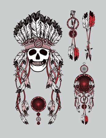 vector set of the epic Indian shaman skull boom a native religionのイラスト素材