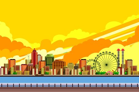 vector illustration promenade on the water sailing a sailboat in the distance a great cityのイラスト素材