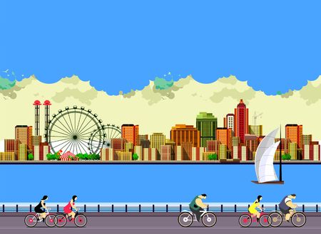 vector illustration promenade ride a bike people on the water sailing a sailboat in the distance a great cityのイラスト素材