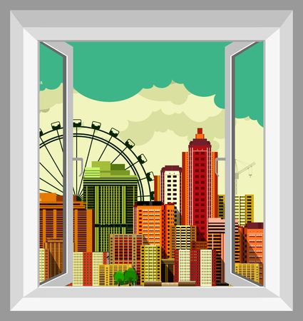 vector illustration of an open window from which the visible panorama of the big cityのイラスト素材