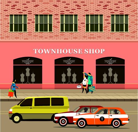 vector illustration city street small shop trucks passing on the road are pedestriansのイラスト素材