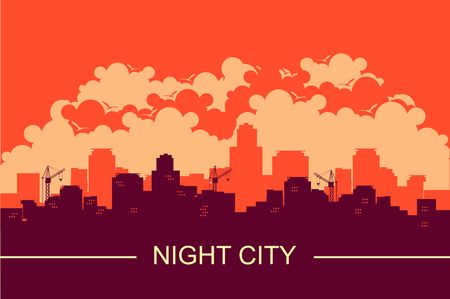 vector illustration of a panoramic image of an evening city sunset silhouette of housesのイラスト素材