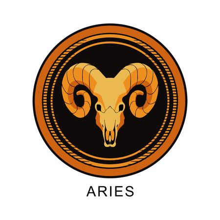 vector illustration zodiac sign of Aries in the round frame on a black background isolatedのイラスト素材