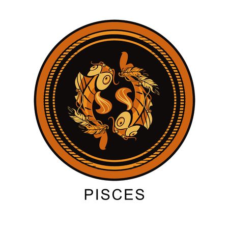 vector illustration of the sign of Pisces zodiac round frame on a black background isolatedのイラスト素材