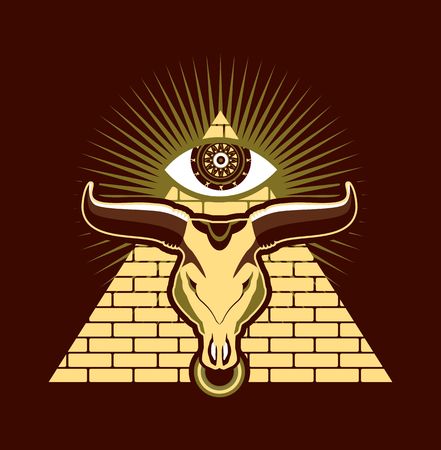 bull skull on a background of the Egyptian pyramids at the top of the eye symbolのイラスト素材