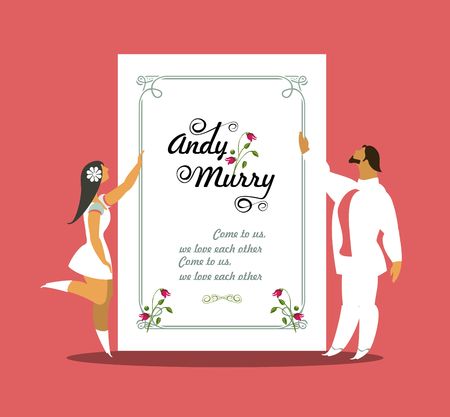 wedding card with stylized characters bride and groom hold invitationのイラスト素材